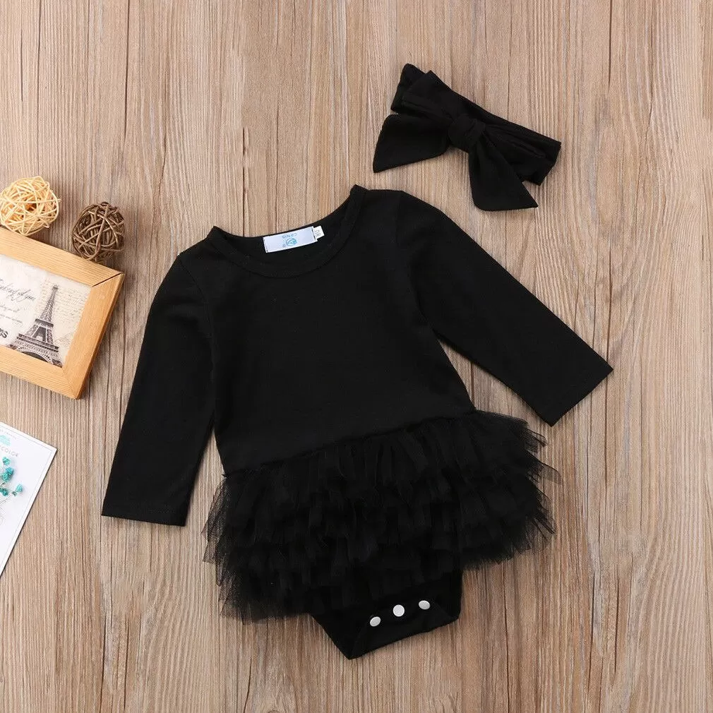 Baby Girl Black Romper Dress + Headband