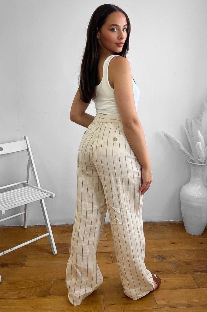 Beige Pinstripe Linen Smart Trousers