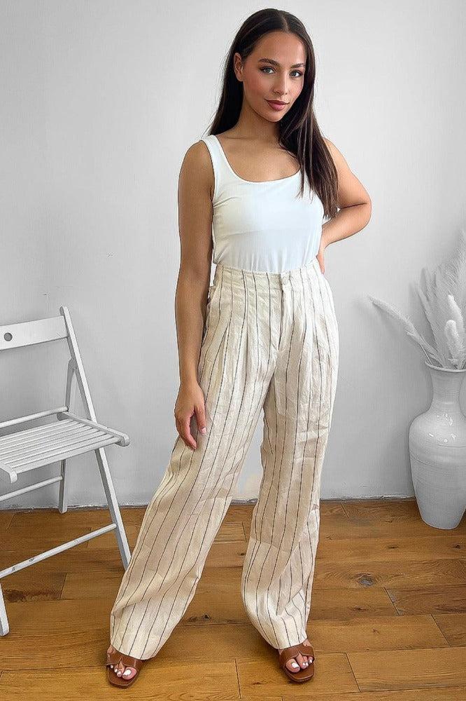 Beige Pinstripe Linen Smart Trousers