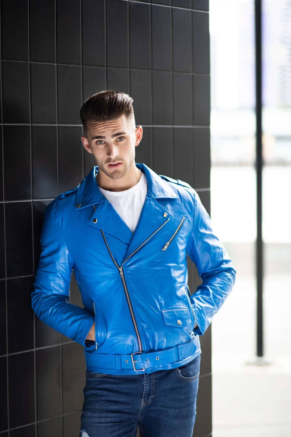 Belted Blue biker Leather Jacket For Men