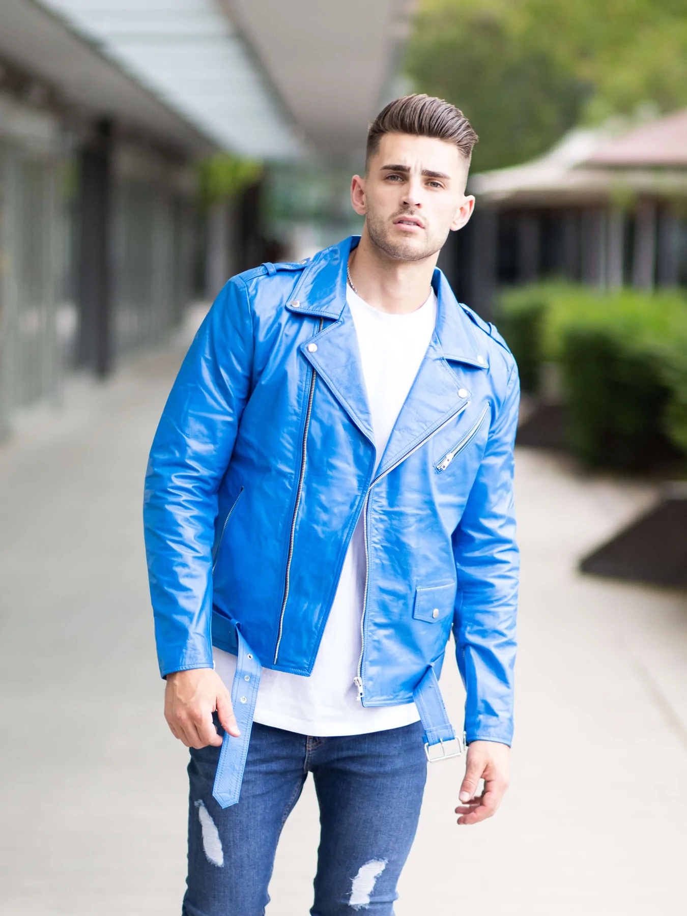 Belted Blue biker Leather Jacket For Men