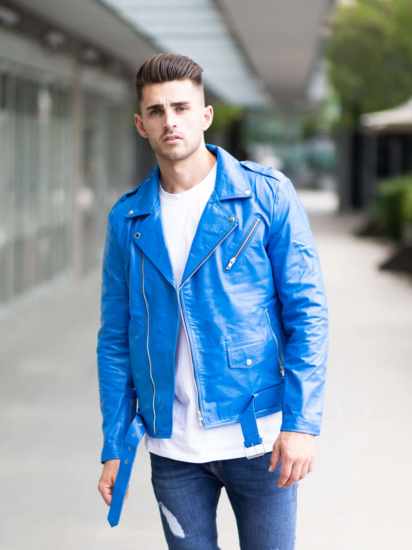 Belted Blue biker Leather Jacket For Men