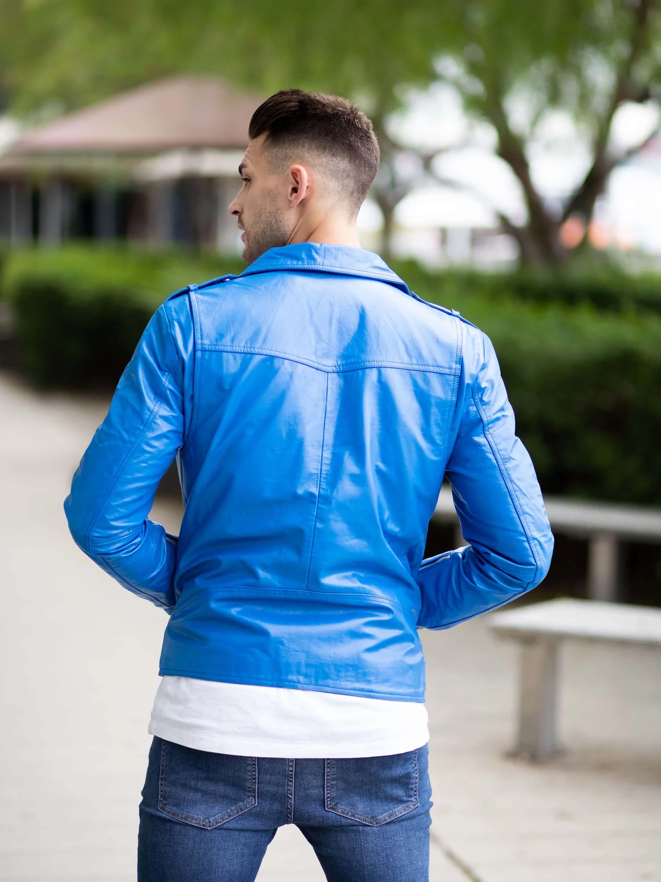 Belted Blue biker Leather Jacket For Men