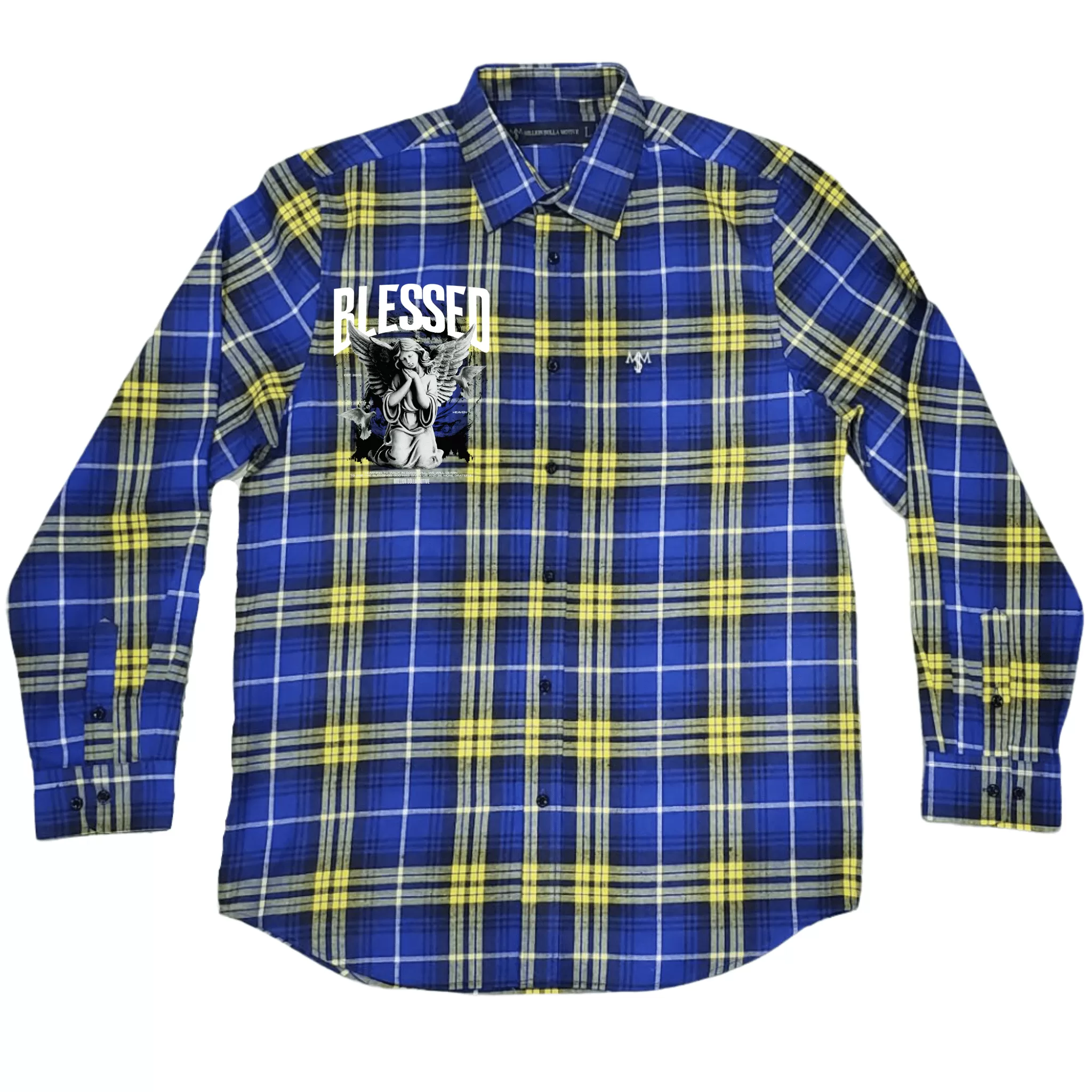 Blessed Angel - Royal Blue and Yellow Flannel Long Sleeve Shirt