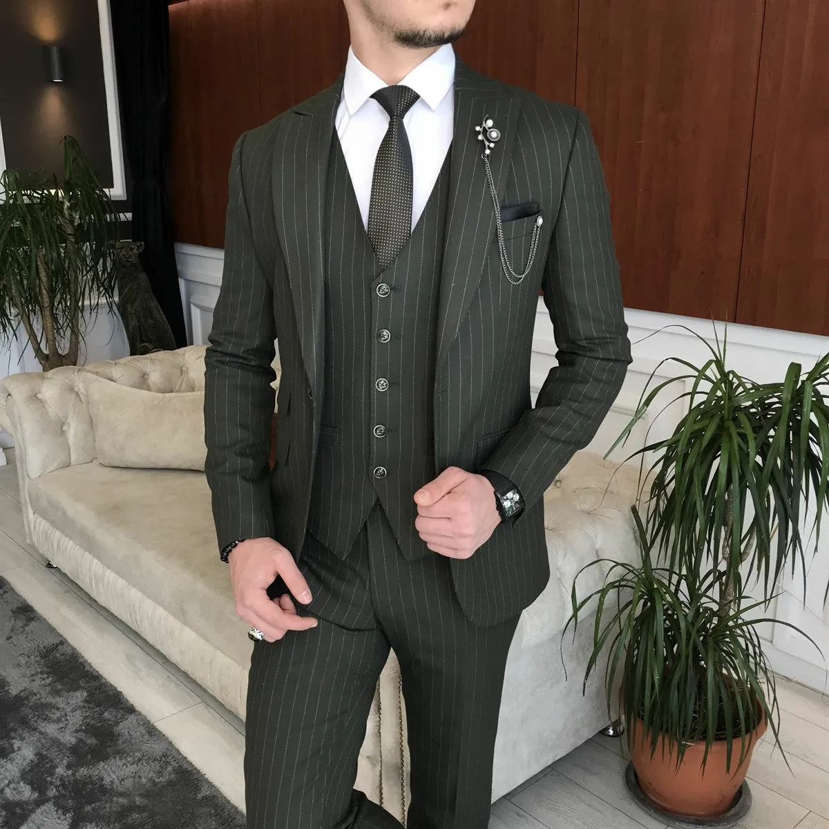 Bojoni Dark Green Striped Slim-Fit Suit 3-Piece