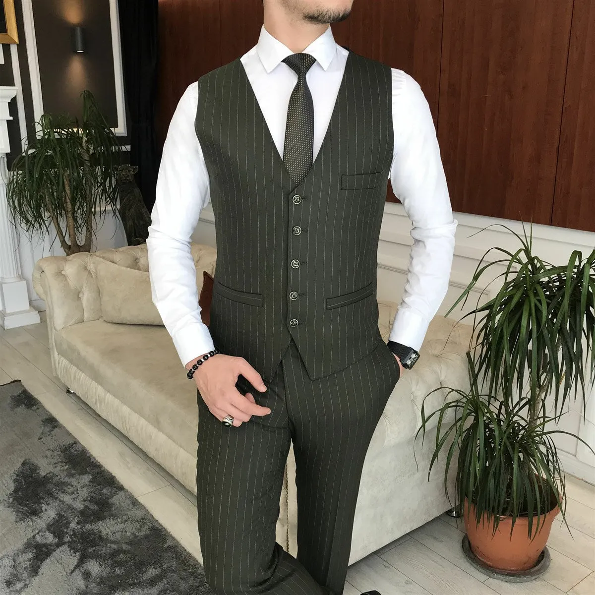 Bojoni Dark Green Striped Slim-Fit Suit 3-Piece