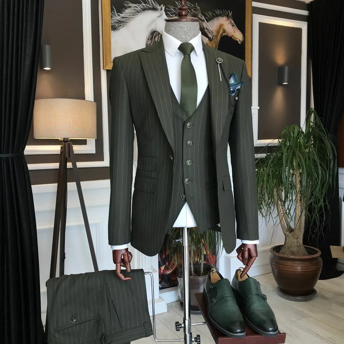 Bojoni Dark Green Striped Slim-Fit Suit 3-Piece