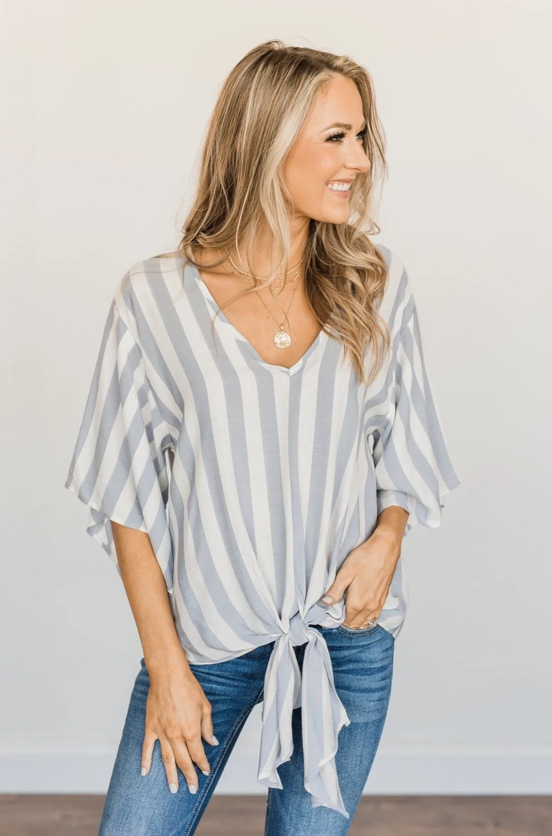 Born To Lead Front Tie Blouse- Dusty Blue & Ivory