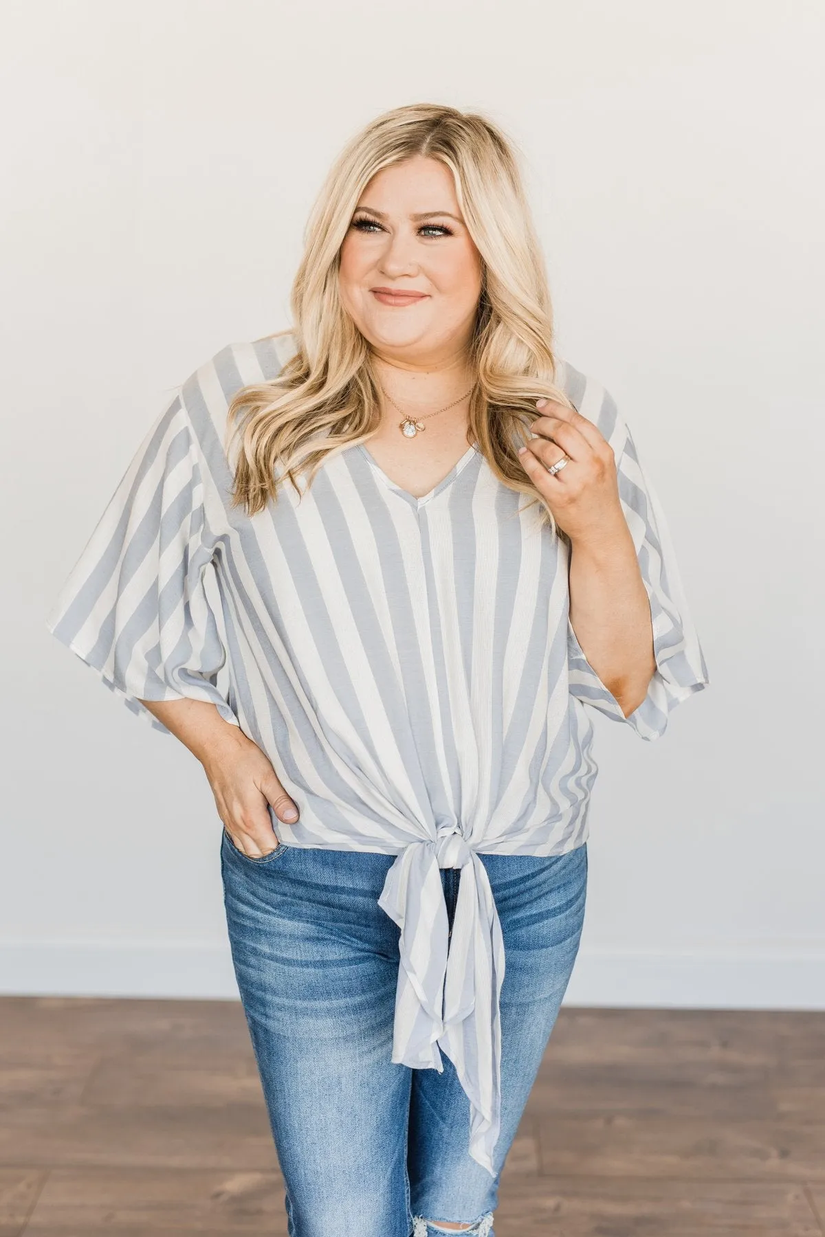 Born To Lead Front Tie Blouse- Dusty Blue & Ivory