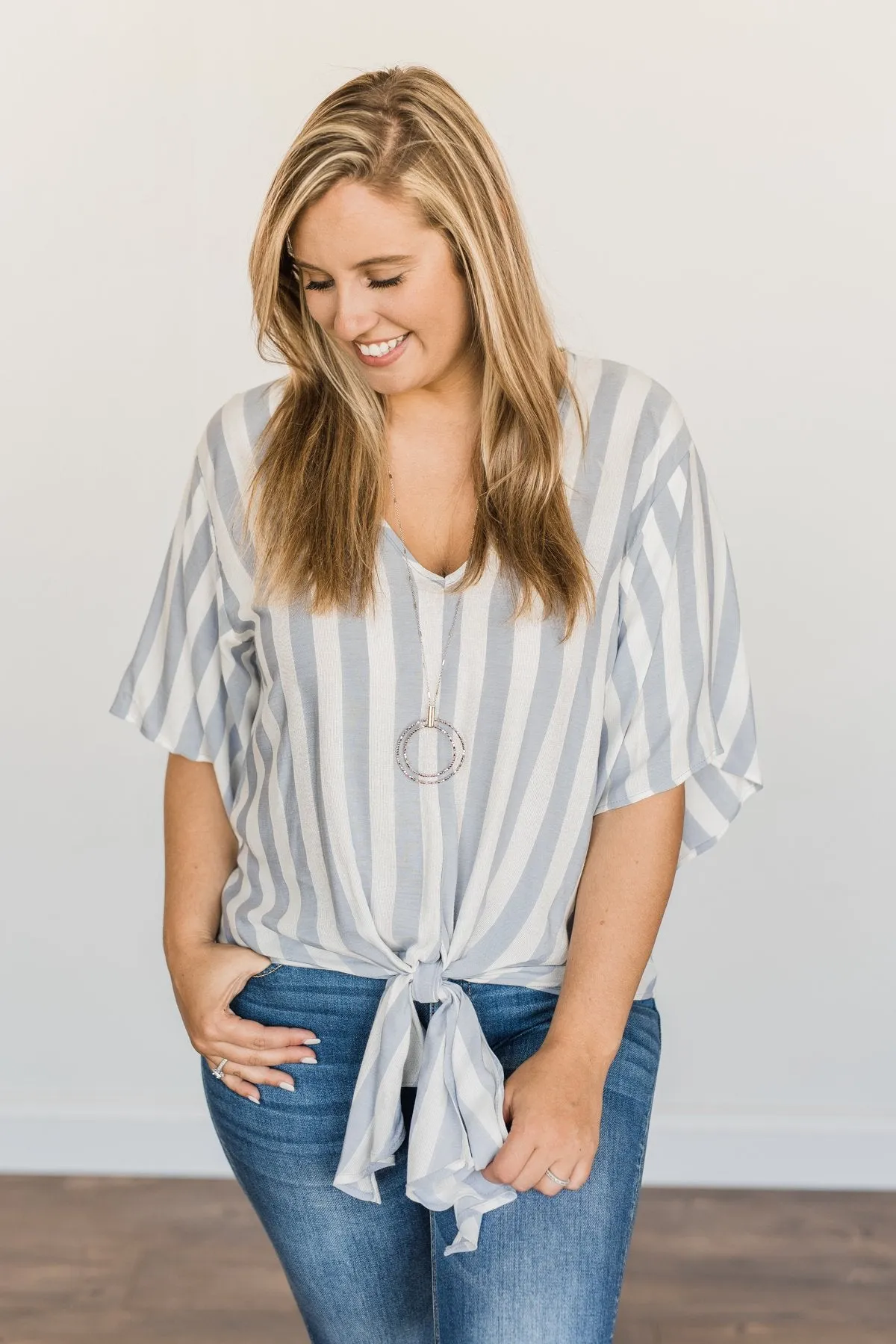 Born To Lead Front Tie Blouse- Dusty Blue & Ivory