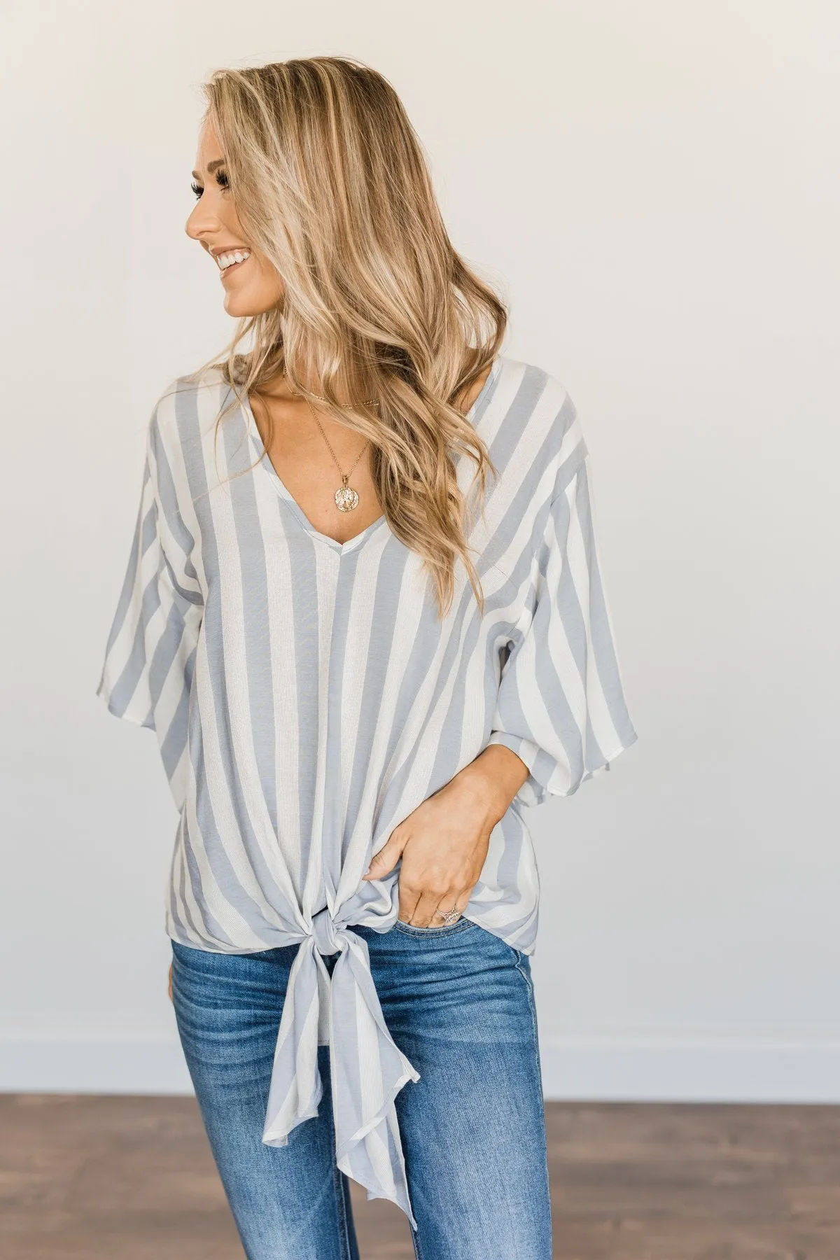 Born To Lead Front Tie Blouse- Dusty Blue & Ivory