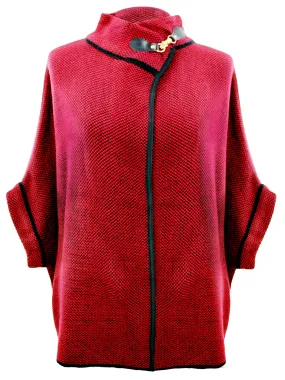 Burgundy and Black Poncho Style Jacket With Toggle Closure