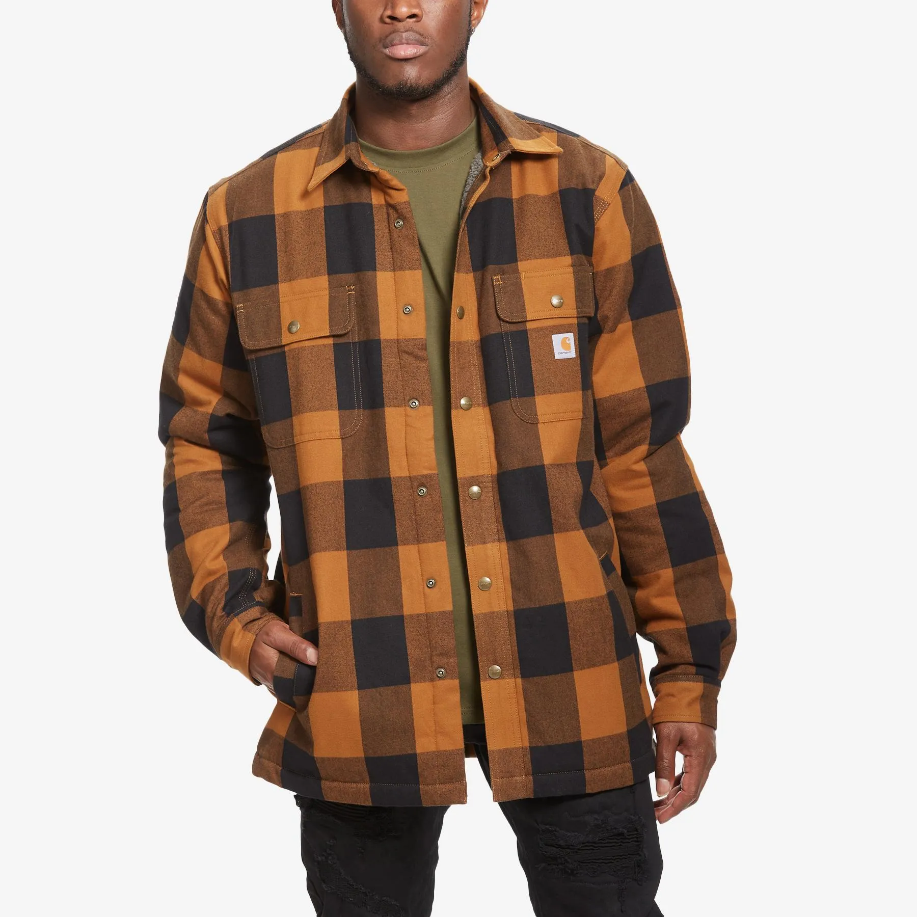 Carhartt Sherpa Lined Flannel Shirt Jacket (Shacket) in Carhartt Brown Black Plaid