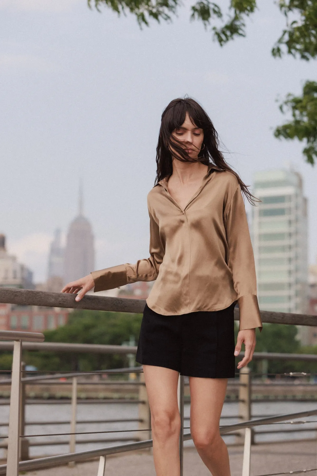 Catherine Gee Daria French Cuff Silk Blouse in Mocha