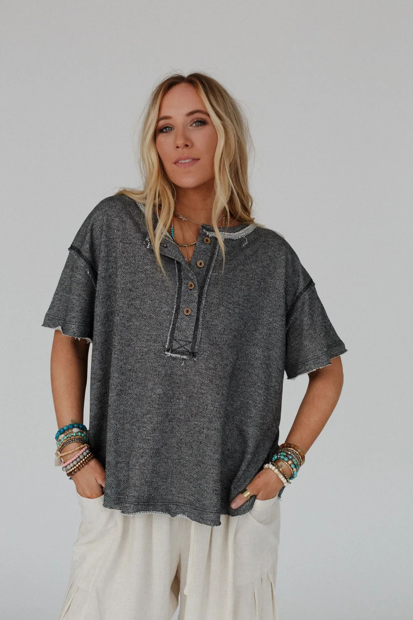 Chill Vibes Raw Henley Top - Two Tone Black