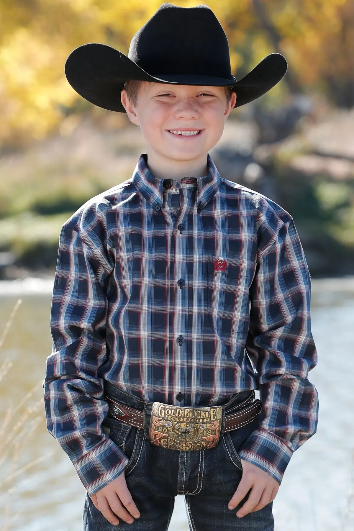 Cinch Boys Plaid Button Down Western L/S Shirt - Navy - MTW7060325