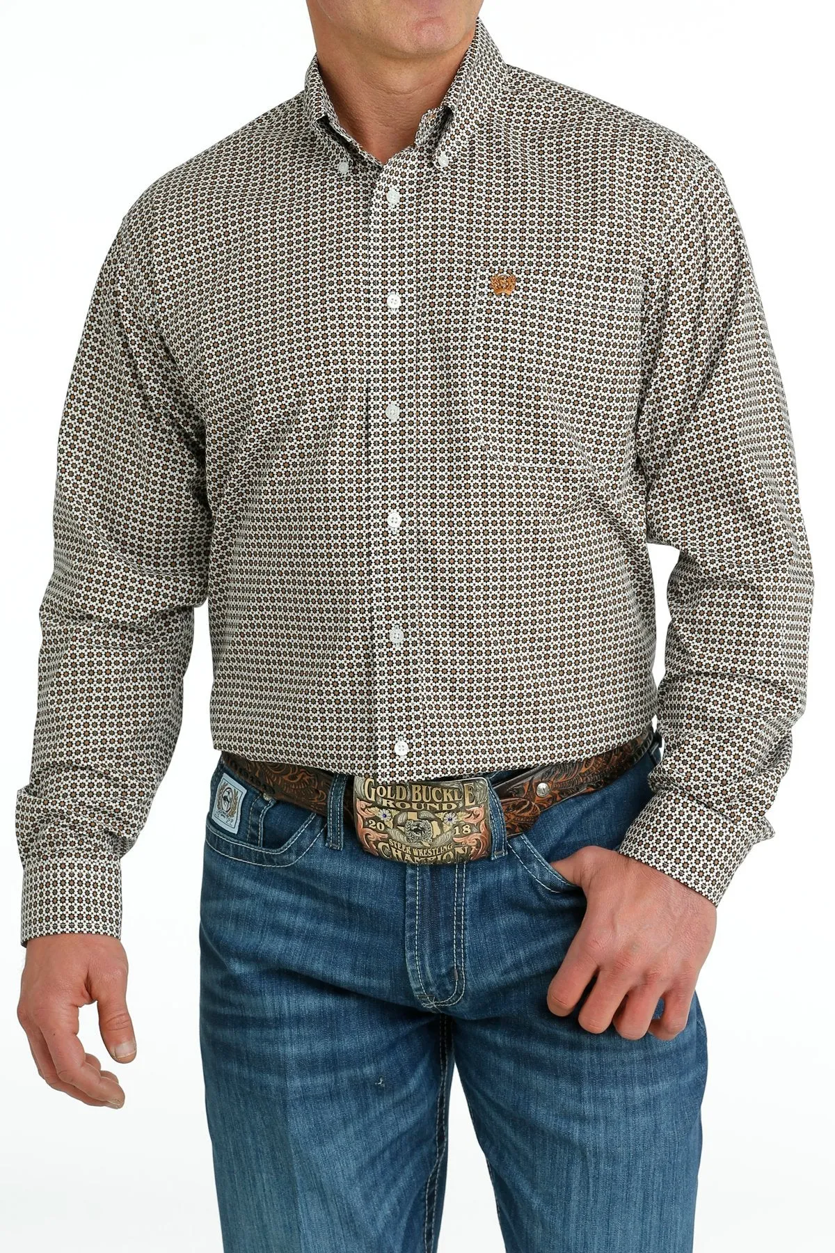 Cinch Mens Geometric Print  L/S  Button Down Shirt - White/Gold - MTW1105665