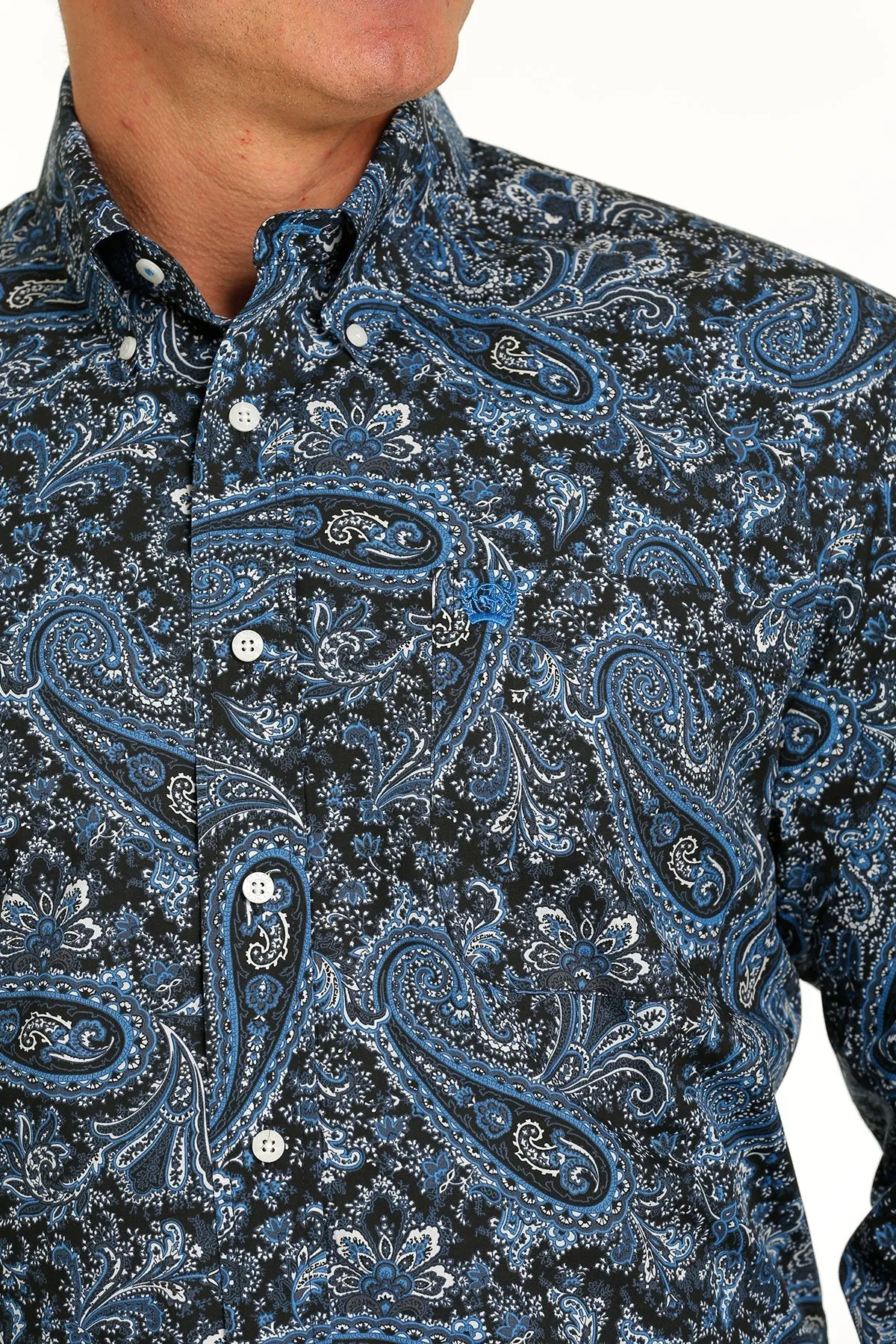 Cinch Mens Paisley Print Button Down Western L/S Shirt - Navy/Blue/Cream - MTW1105517