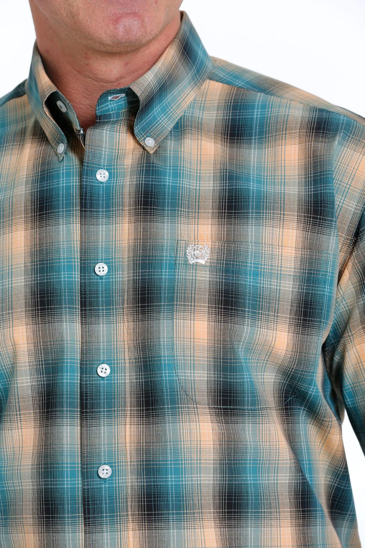 Cinch Mens Plaid Button Down Short Sleeved Shirt - Teal/Orange - MTW1111429