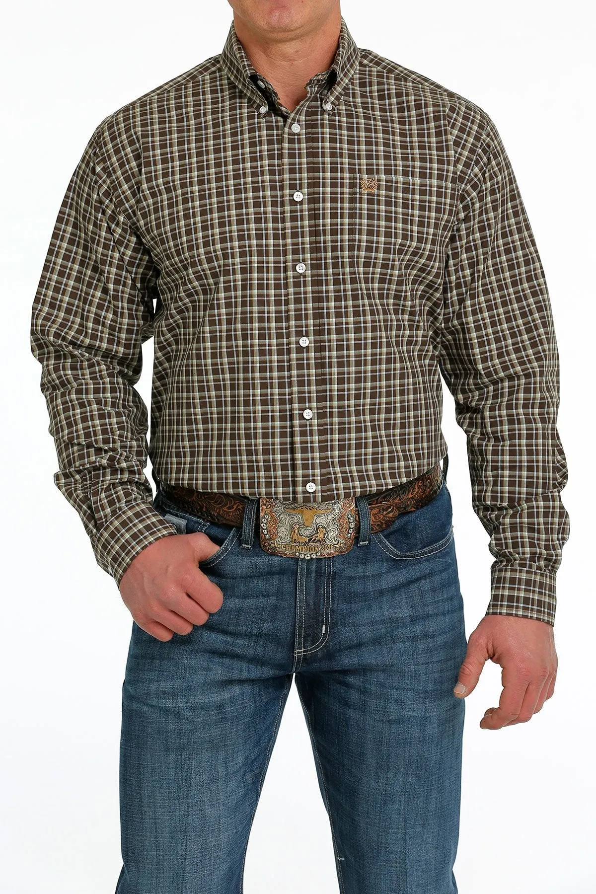 Cinch Mens Plaid Buttoned Down Western L/S Shirt - Brown/Green/White - MTW1105536