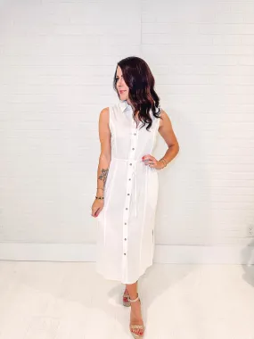 Come Fly With Me Button Front Sleeveless Dress