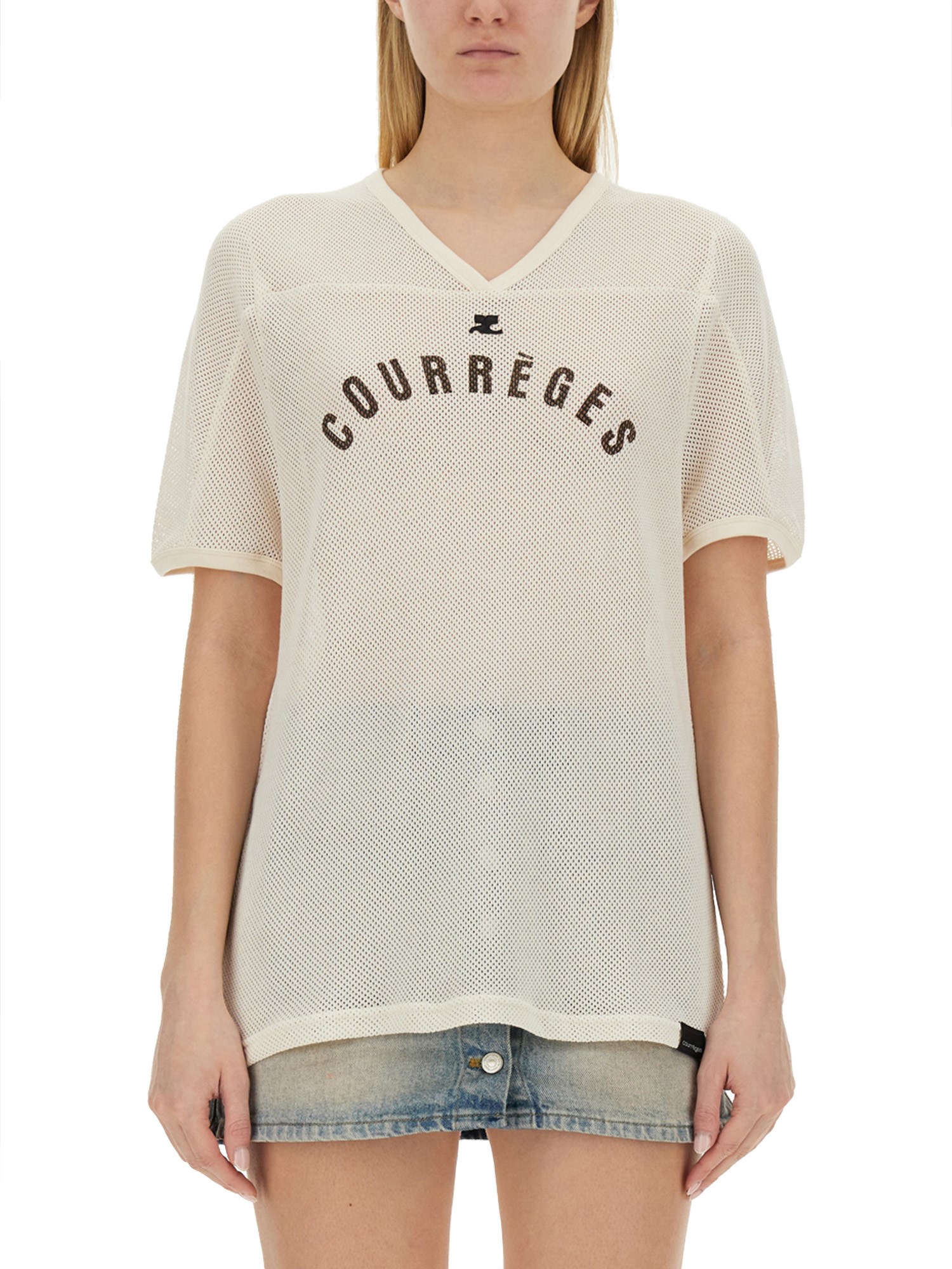 COURREGES    V-NECK T-SHIRT WITH LOGO