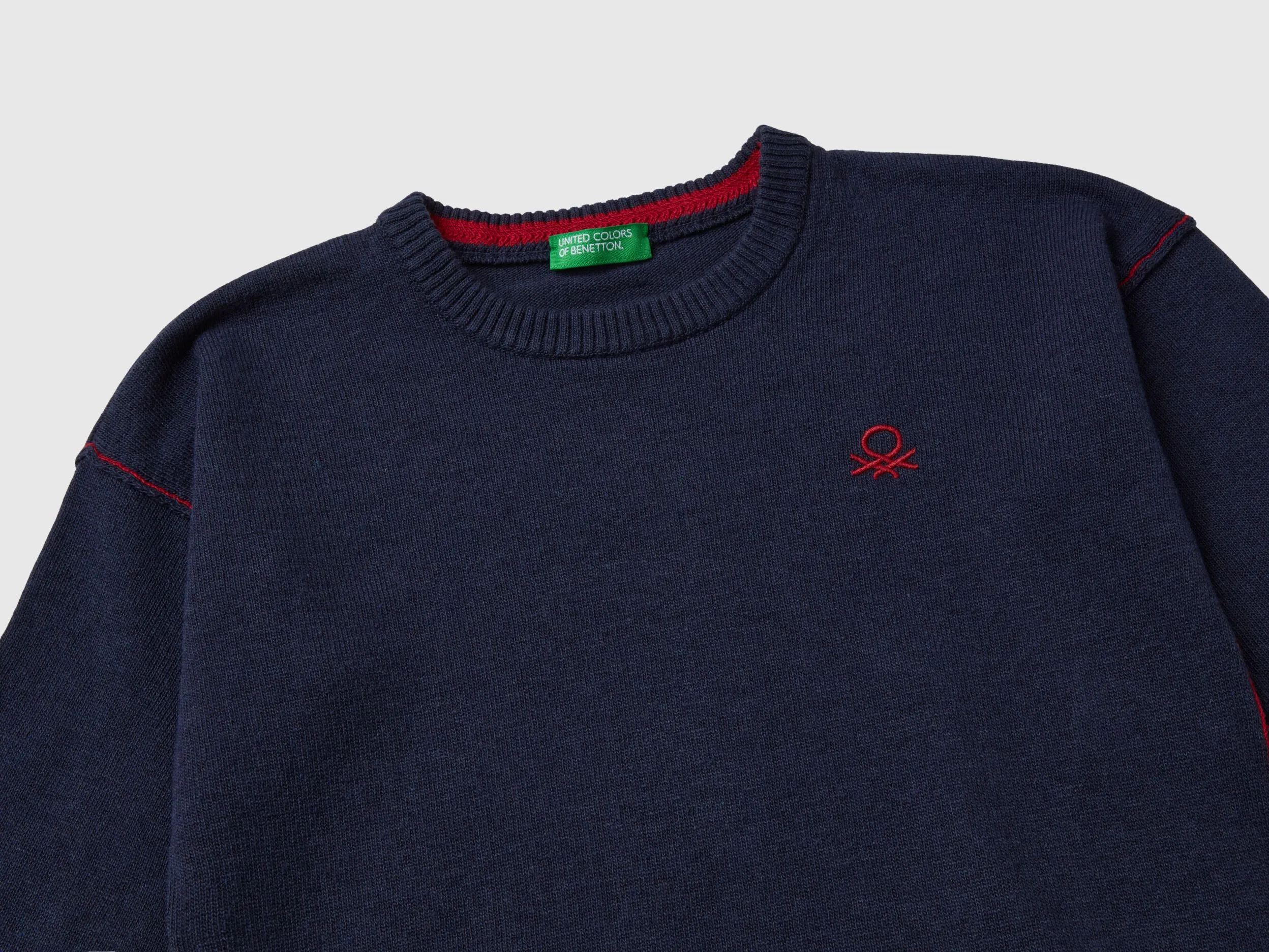 Crew neck sweater with embroidery - Blue | Benetton