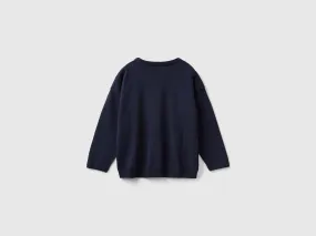 Crew neck sweater with embroidery - Blue | Benetton