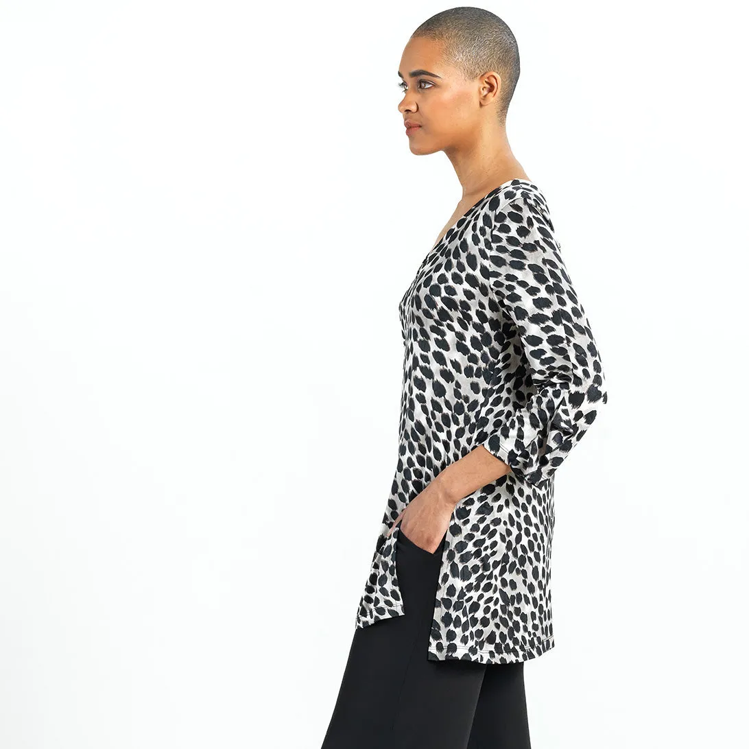 Crushed Silk Knit - Flutter Cuff Side Vent Tunic - Cheetah Spot - Final Sale!