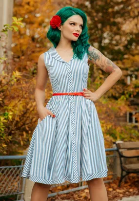 Dolly And Dotty 1950's Button Up Blue Striped Swing Dress