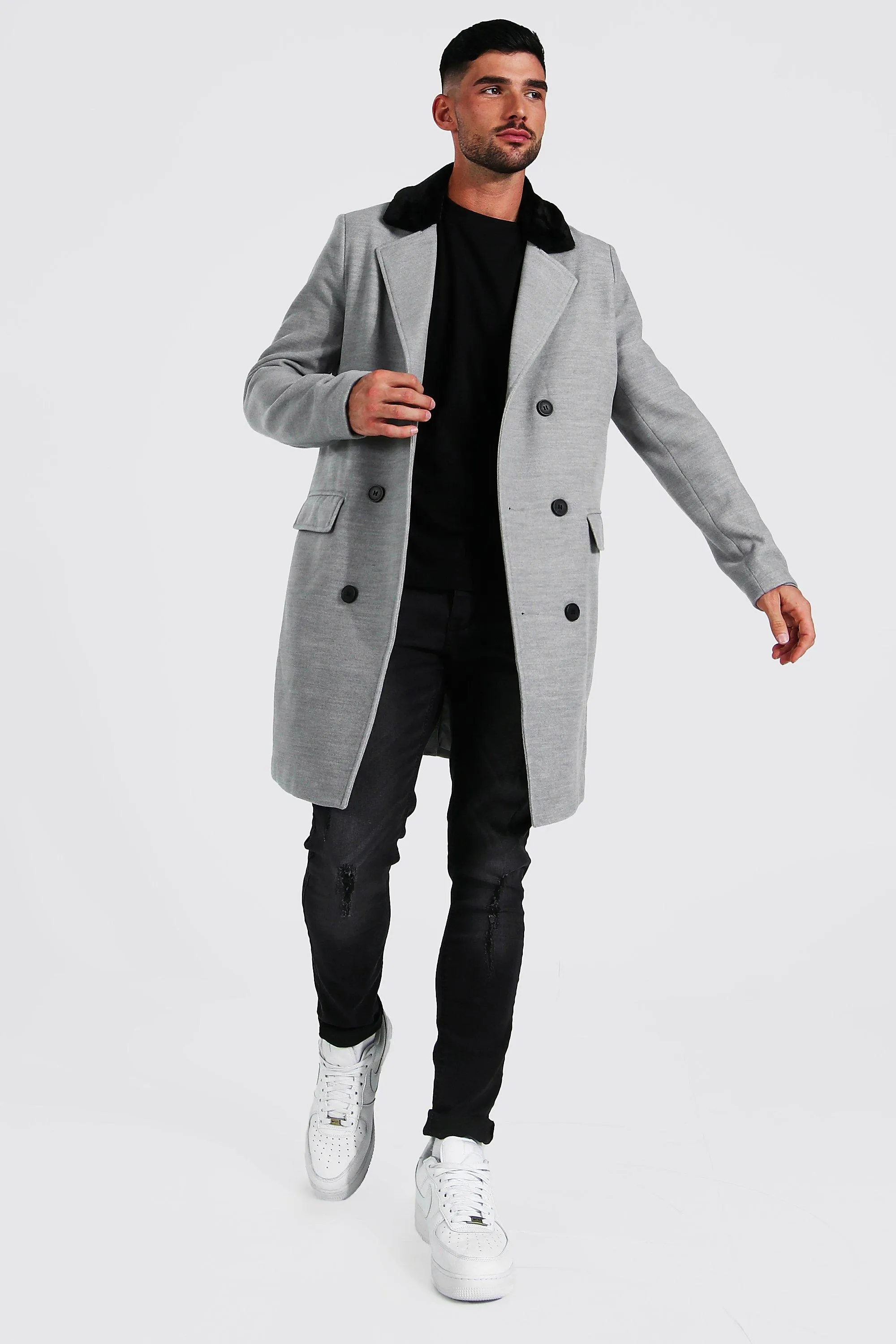 Double Breasted Faux Fur Overcoat | boohooMAN UK