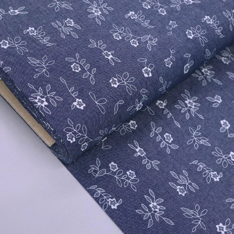 Dressmaking Cotton Chambray - Blue - White Flowers