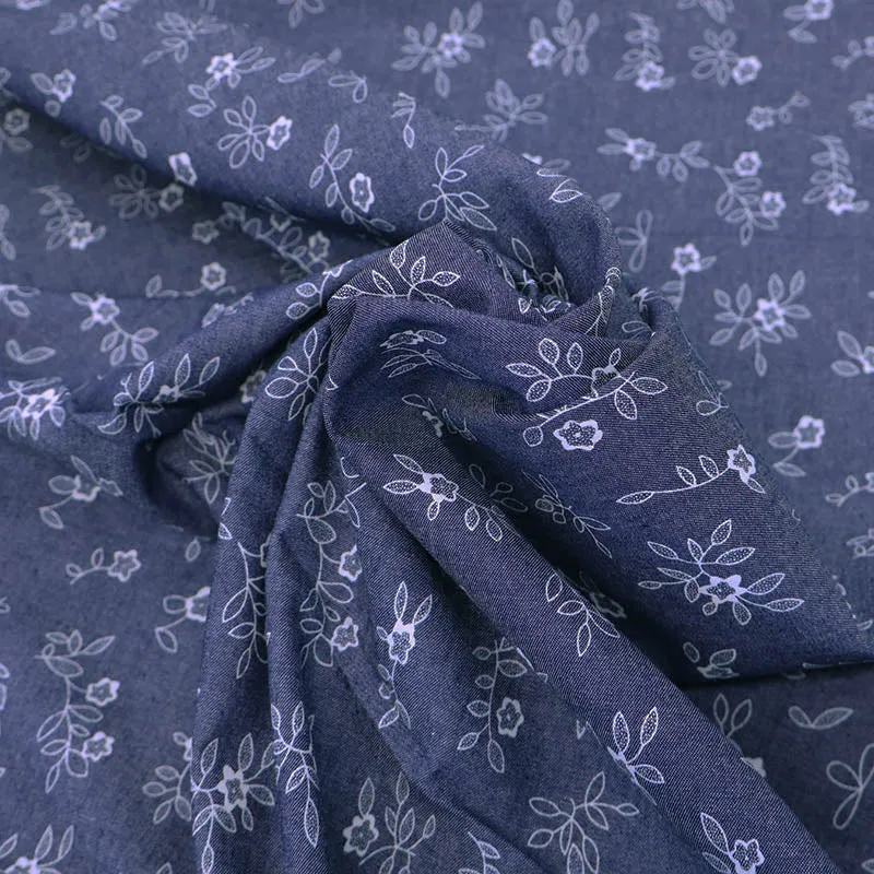 Dressmaking Cotton Chambray - Blue - White Flowers