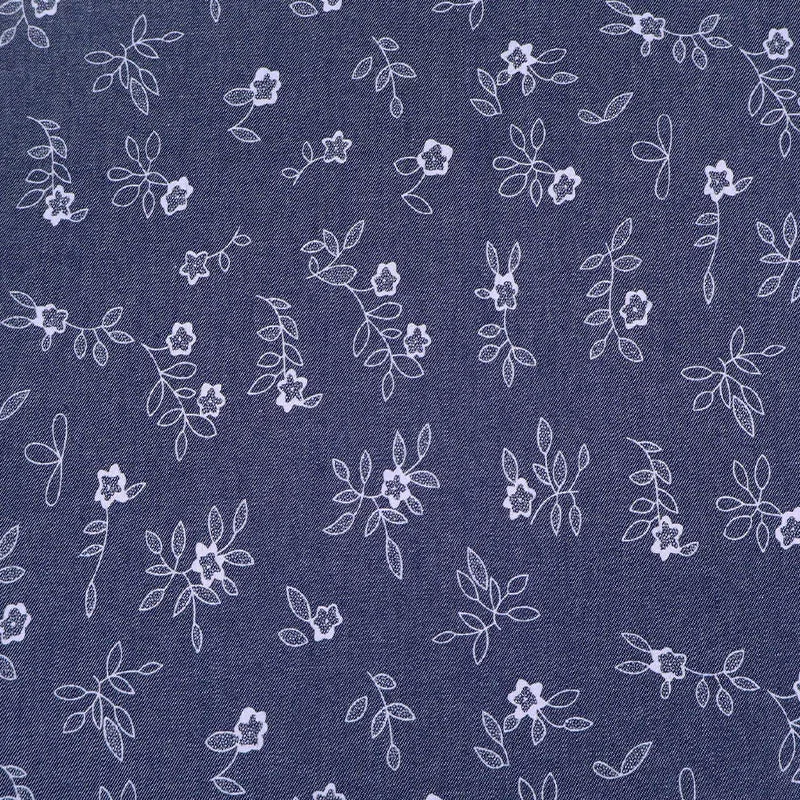 Dressmaking Cotton Chambray - Blue - White Flowers