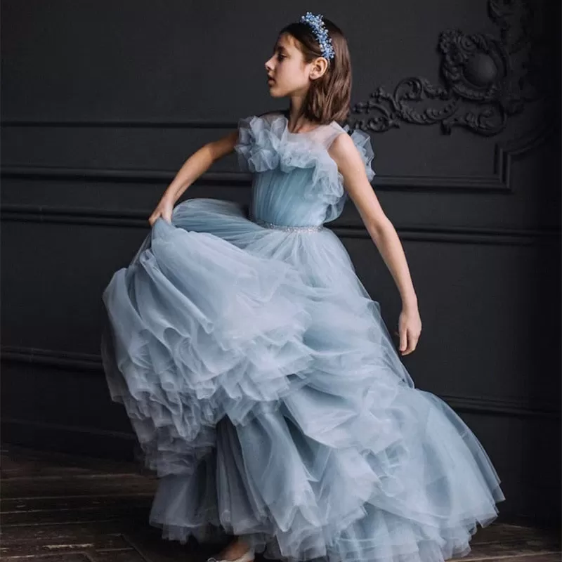 Elegant Sky Blue Tulle Ball Gown