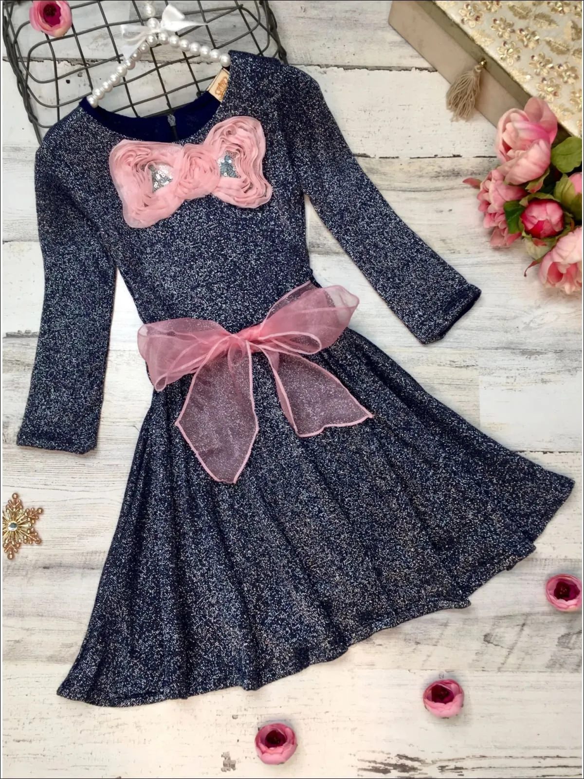 Girls Navy Shimmer Sparkle Sweater Dress with Pink Belt And Pink Bow Detail