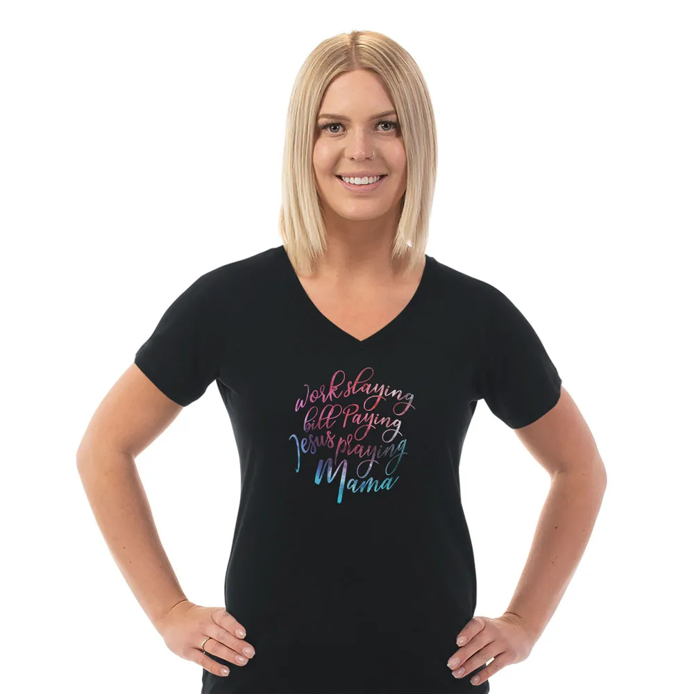 Jesus Praying Mama Ladies Cotton V-Neck T-Shirt