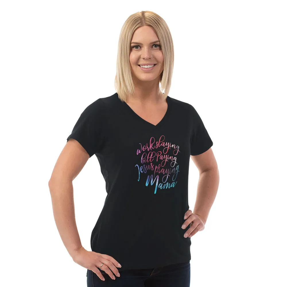 Jesus Praying Mama Ladies Cotton V-Neck T-Shirt