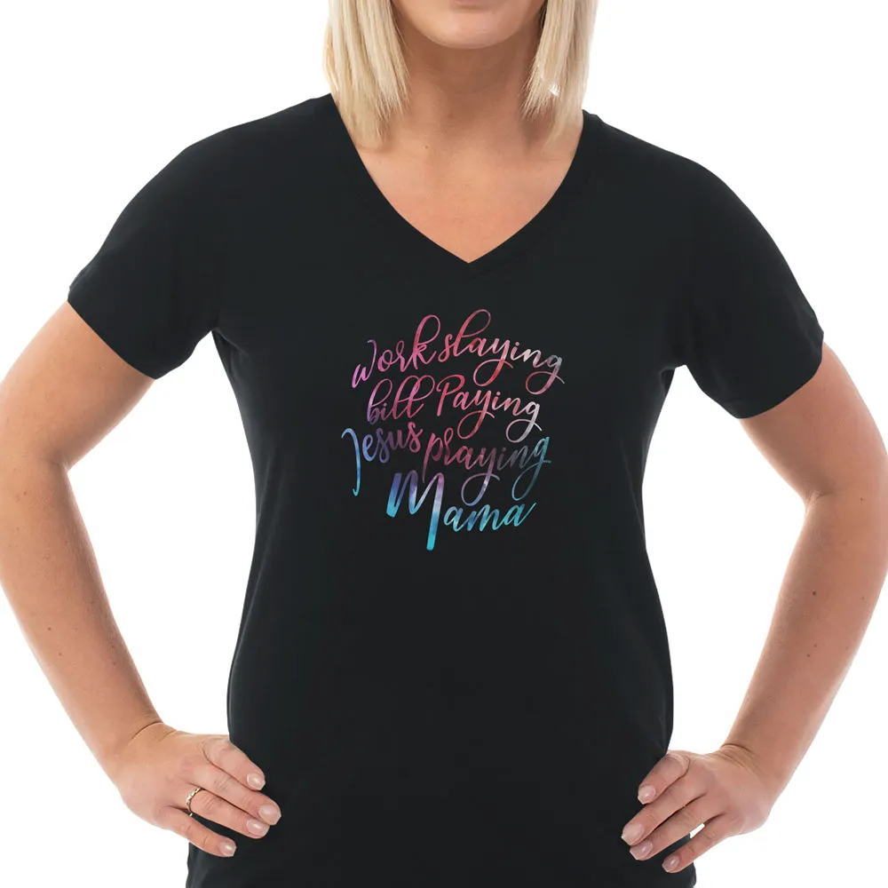 Jesus Praying Mama Ladies Cotton V-Neck T-Shirt