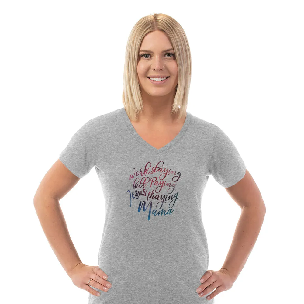 Jesus Praying Mama Ladies Cotton V-Neck T-Shirt