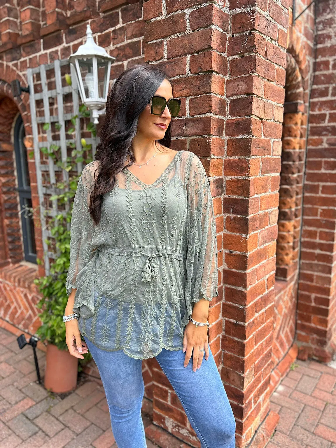 Khaki Crochet Lace Batwing Top Belle