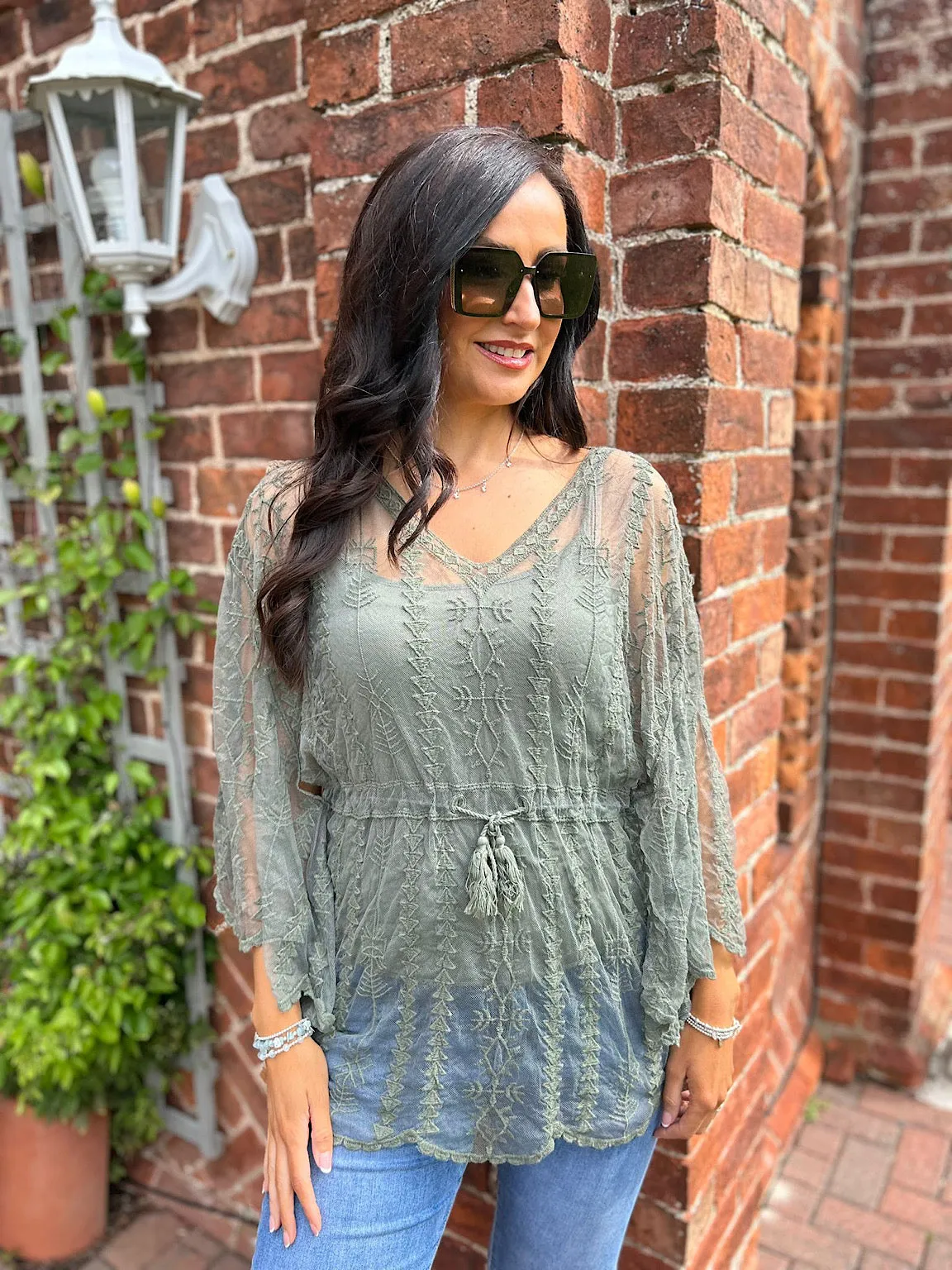 Khaki Crochet Lace Batwing Top Belle