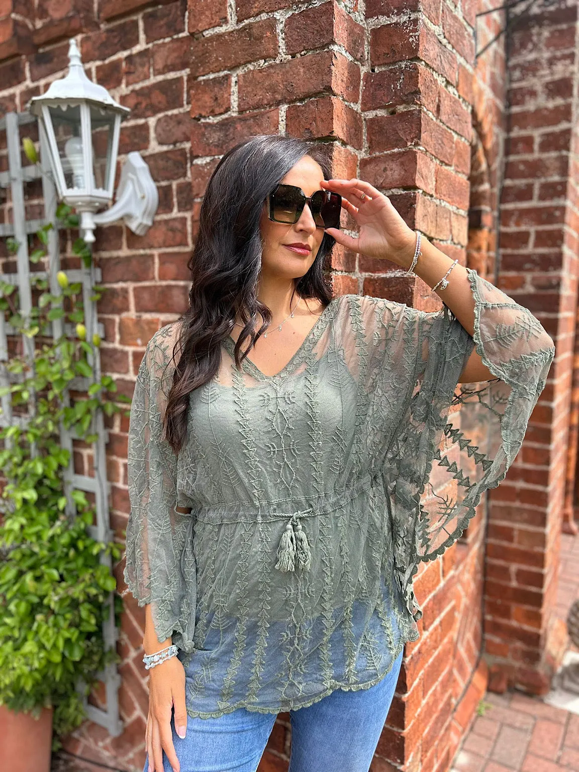 Khaki Crochet Lace Batwing Top Belle