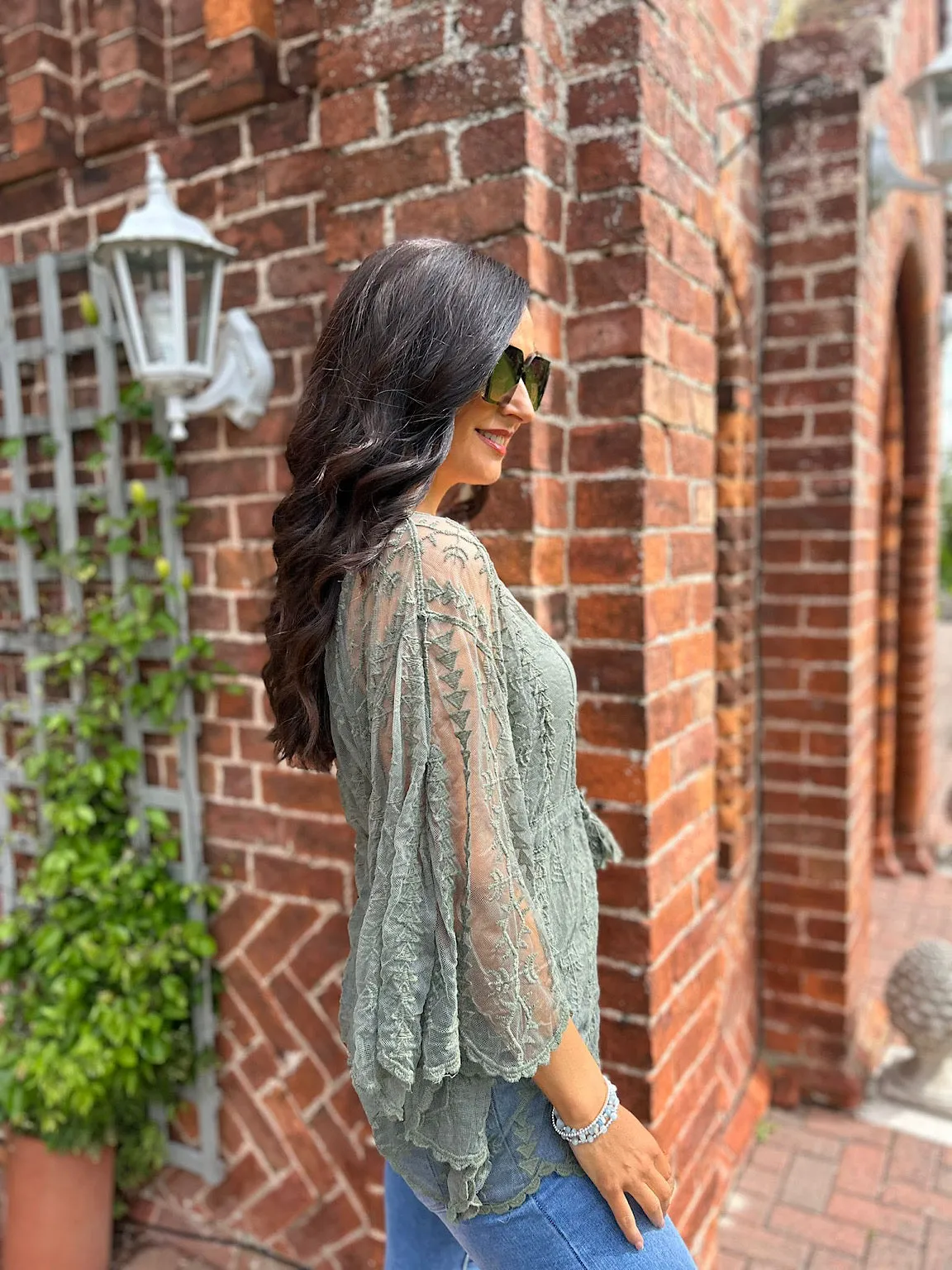 Khaki Crochet Lace Batwing Top Belle