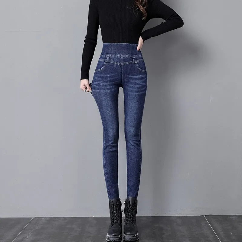 Korean Version Retro High Waist Stretch Skinny Denim Jeans for Women