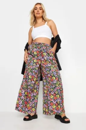 LIMITED COLLECTION Curve Black Ditsy Floral Print Drawstring Wide Leg Trousers