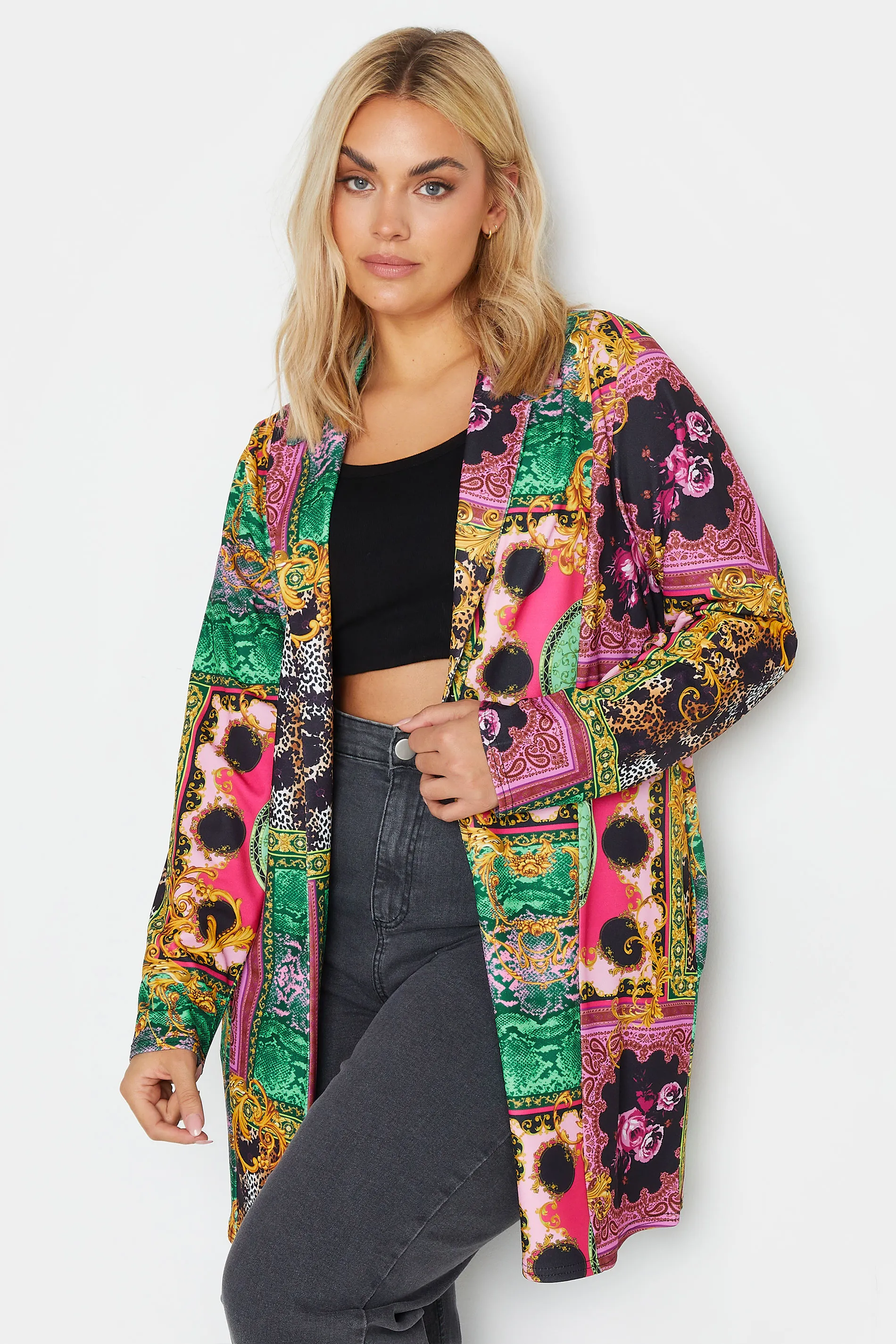 LIMITED COLLECTION Curve Pink & Green Tile Print Blazer