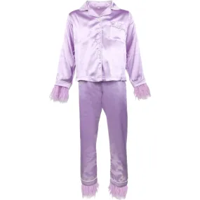 Lola + The Boys Feather Trim Cuff Silk Pajamas Set, Lavender