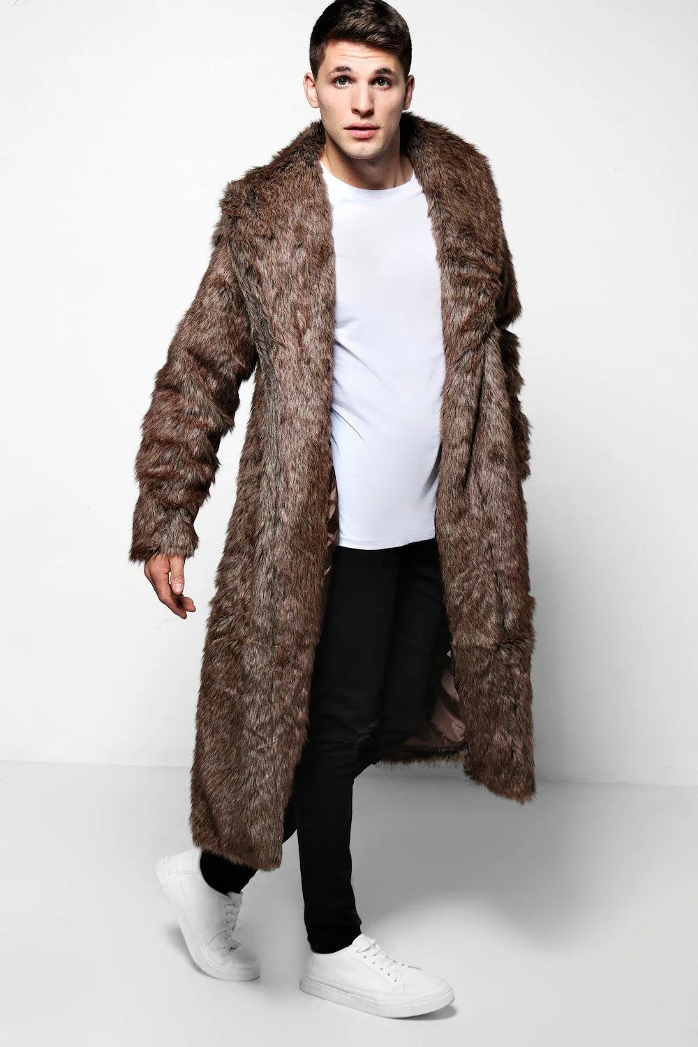 Longline Faux Fur Overcoat in Brown | boohooMAN UK