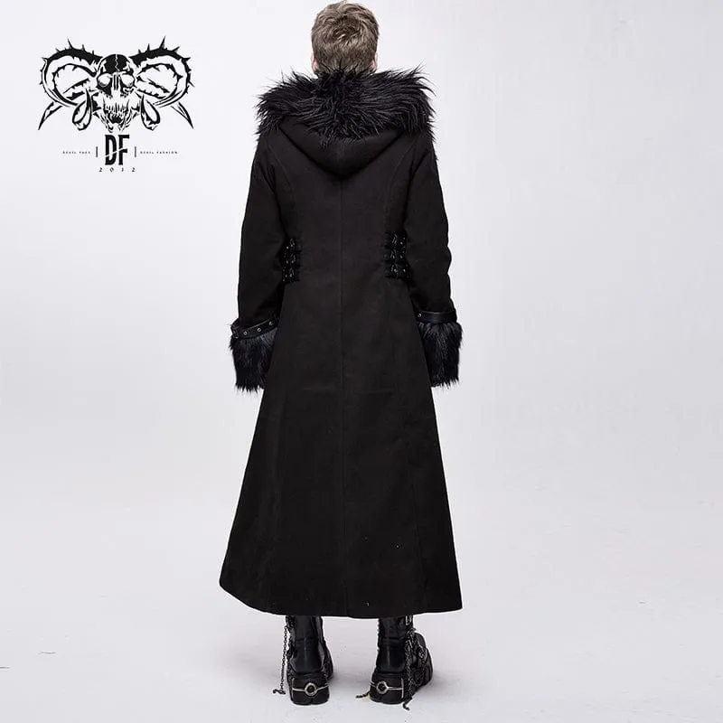 Men's Goth Fur Collar Hooded Woolen Overcoat